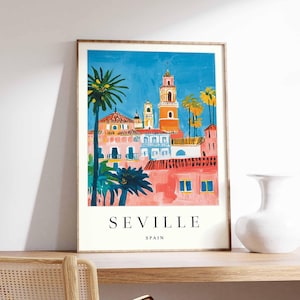 Póster de Sevilla, impresión de España, arte mural de Sevilla, decoración con el mapa de Sevilla, póster minimalista de España, impresiones en blanco y negro, ilustración del horizonte de Sevilla.