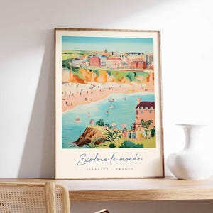 Póster de Biarritz, impresión de viaje a Francia, póster de ciudad costera, arte con vistas al océano Atlántico, decoración de un pueblo surfero, arte vasco francés, regalo de viaje a Francia