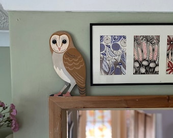 Barn owl for sitting on a door frame, picture rail, or similar