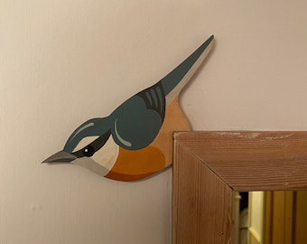 Hand painted nuthatch to sit on a door frame corner