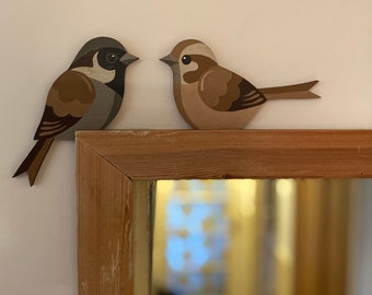 Hand painted house sparrow couple to sit on a door frame