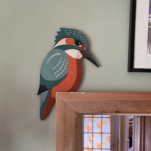 Hand painted Kingfisher to sit on a door frame.