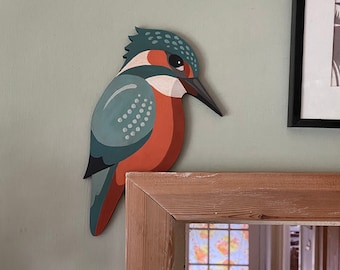 Hand painted Kingfisher to sit on a door frame.