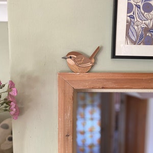 Hand painted wren to sit on a door frame, or picture rail or shelf