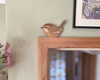 Hand painted wren to sit on a door frame, or picture rail or shelf