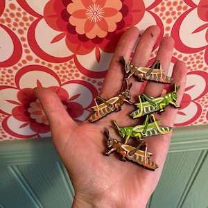 May include: Five small grasshopper-shaped pins made of wood. Three of the pins are brown with orange and white accents, while two of the pins are bright green with white and yellow details. Each pin features a detailed illustration of a grasshopper.