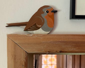 Hand painted robin to sit on a door frame, picture rail etc.