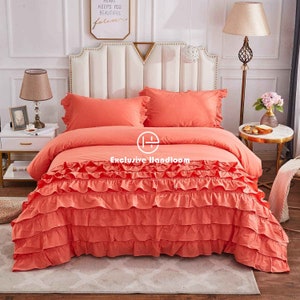 100% Cotton Indian Handmade Orange Queen Cover Set , Boho Duvet Cover Full, Comforter Cover, Cotton Duvet Cover, Duvet Cover Ruffles Lace