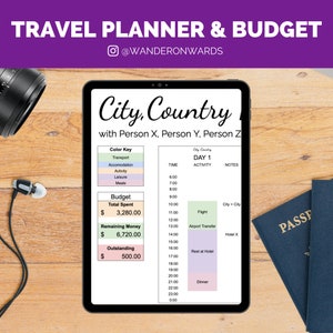 May include: A digital tablet screen displaying a travel planner and budget template. The template includes a color key, budget information, and a daily itinerary with time, activity, and notes. The text on the screen reads "City, Country with Person X, Person Y, Person Z" and "Day 1".