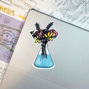 花の付いたビーカー | ステッカーまたはマグネット | 科学、化学、医学 | バレットジャーナル、ノートパソコン、ウォーターボトル