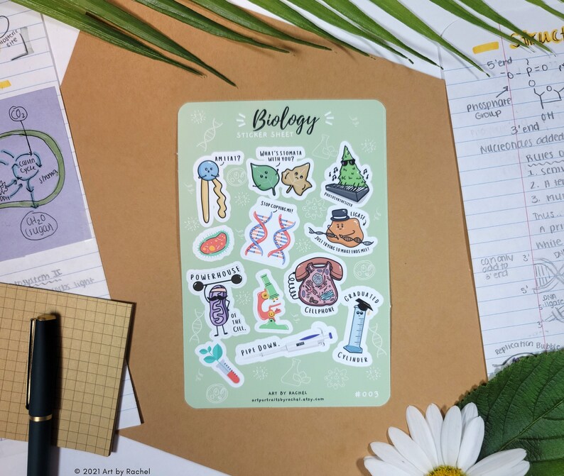 May include: A sticker sheet with a green background featuring various biology-themed illustrations. The stickers include a cell, a microscope, a DNA strand, a plant cell, a graduated cylinder, a phone, and a power house. The text "Biology Sticker Sheet" is at the top of the sheet.