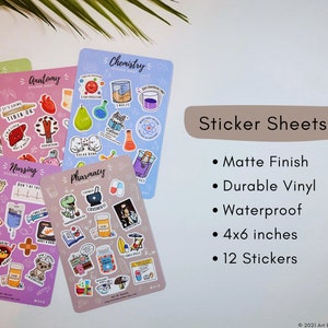 May include: Five sticker sheets with a variety of science-themed illustrations. The sheets are 4x6 inches and feature a matte finish, durable vinyl, and are waterproof. The sheets include Biology, Anatomy, Chemistry, Nursing, and Pharmacy themes.