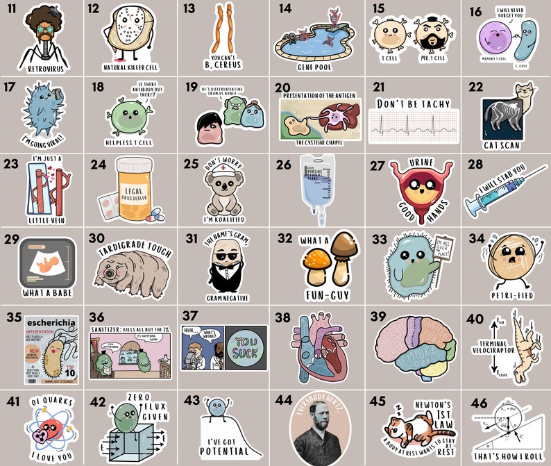 May include: A set of 46 colorful stickers featuring science-themed illustrations and puns. The stickers are arranged in a grid pattern on a light brown background. Some of the stickers feature text, such as "Retrovirus", "Natural Killer Cell", "Gene Pool", "Don't Be Tachy", "Cat Scan", "Tardigrade Tough", "What a Babe", "Escherichia", "Fun-Guy", "Of Quarks I Love You", "Zero Flux Given", "I've Got Potential", "Newton's 1st Law", and "That's How I Roll".