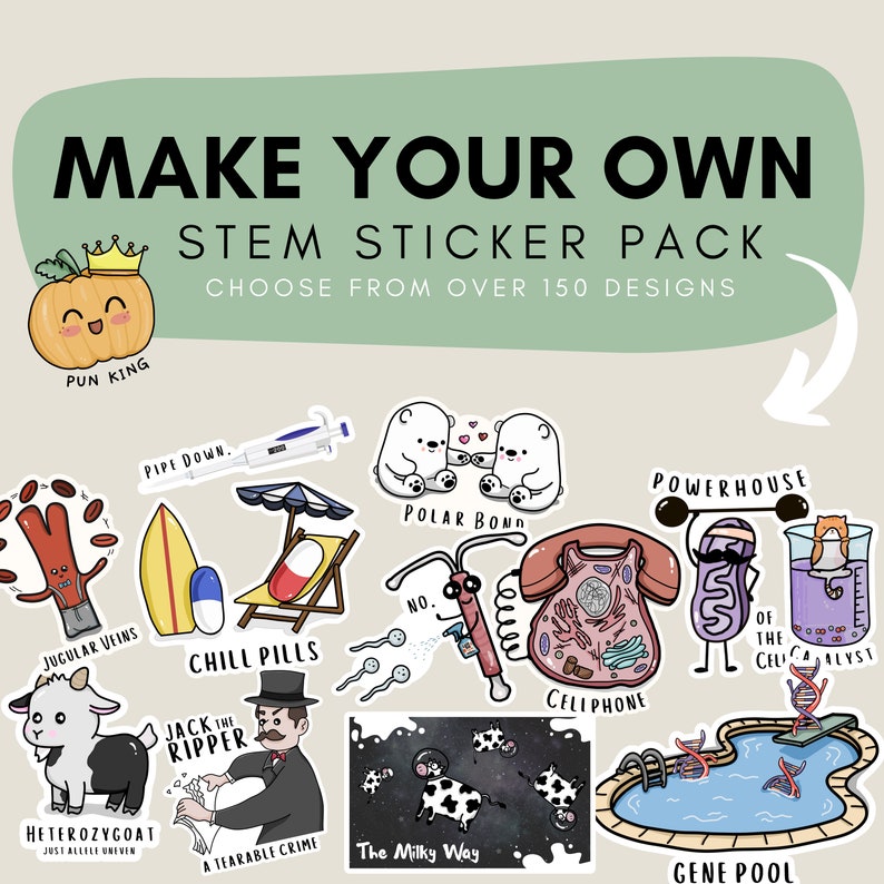May include: A set of colorful stickers featuring science-themed illustrations. The stickers include a pumpkin with a crown, a polar bear couple, a cell phone, a cell, a goat, a surfboard, a pill bottle, a DNA strand, a beaker, and a cow in space. The text on the stickers includes "Pun King", "Pipe Down", "Polar Bond", "Powerhouse", "Jugular Veins", "Chill Pills", "Jack the Ripper", "Heterozygoat", "A Tearable Crime", "No", "Celiphone", "Of the Cell Analyst", "The Milky Way", and "Gene Pool".