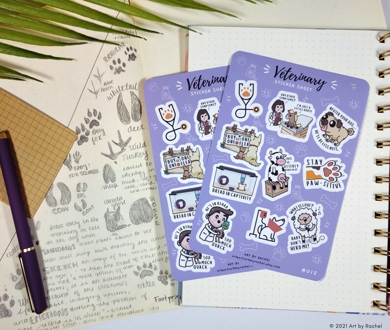 May include: A set of two sticker sheets with a purple background and white borders. The sticker sheets feature illustrations of animals and veterinary-themed puns. The text on the sticker sheets reads "Veterinary Sticker Sheet".