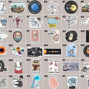 May include: A set of 118 colorful stickers with various illustrations and text. The stickers feature a variety of themes, including space, nature, science, and pop culture. The stickers are perfect for adding a touch of personality to laptops, water bottles, notebooks, and other items.