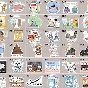 May include: A collection of thirty-six individual stickers featuring various science, medical, and dental-themed cartoon illustrations with humorous text captions, arranged in a grid format with numbered labels from 119 to 154 on a light background.