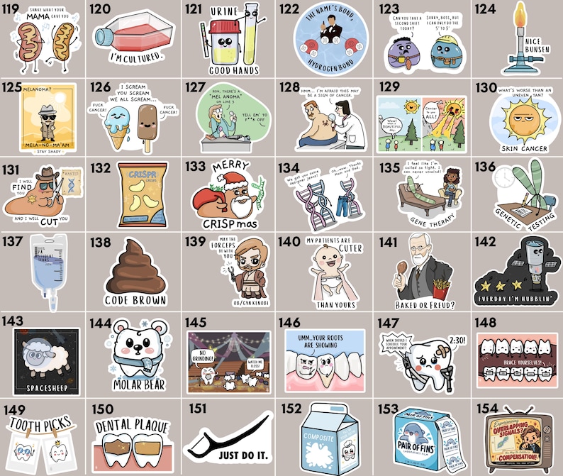 May include: A collection of thirty-six individual stickers featuring various science, medical, and dental-themed cartoon illustrations with humorous text captions, arranged in a grid format with numbered labels from 119 to 154 on a light background.