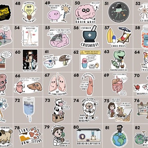 May include: A set of 82 colorful stickers featuring various illustrations and text. The stickers are organized in a grid pattern on a light gray background. Some of the stickers feature humorous medical-themed illustrations, such as a brain with a thought bubble that says "Brain Wave" and a kidney with a thought bubble that says "A Cute Kidney Injury". Other stickers feature more general illustrations, such as a mushroom with a thought bubble that says "Anti-Anxiety" and a cow sitting on a box with a thought bubble that says "I'm Totally Sotterly".