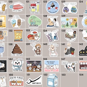 May include: A set of 154 colorful stickers featuring various illustrations and text. The stickers are arranged in a grid pattern on a light brown background. Some of the stickers feature humorous text, such as "I'm Cultured" and "Code Brown". Other stickers feature illustrations of scientific concepts, such as "Urine" and "Hydrogen Bond".
