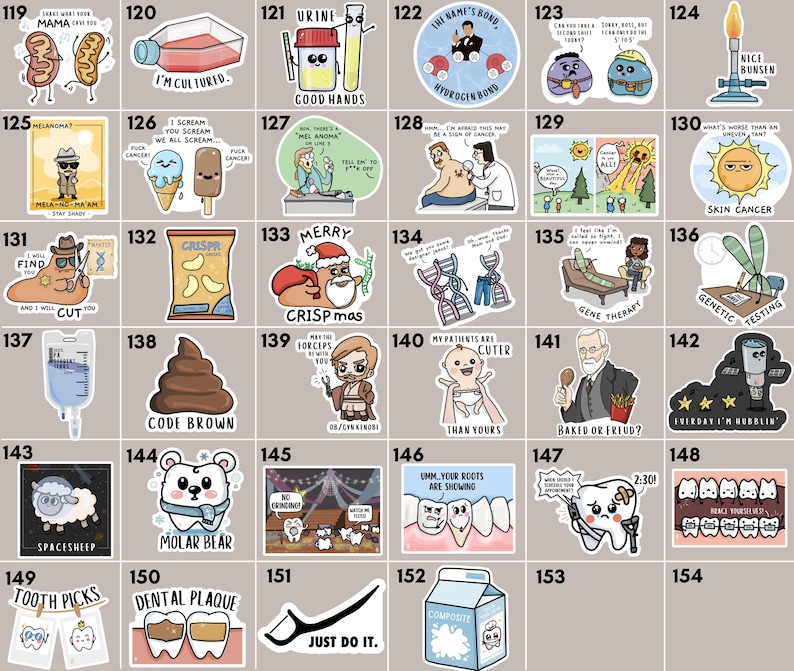 May include: A set of 154 colorful stickers featuring various illustrations and text. The stickers are arranged in a grid pattern on a light brown background. Some of the stickers feature humorous text, such as "I'm Cultured" and "Code Brown". Other stickers feature illustrations of scientific concepts, such as "Urine" and "Hydrogen Bond".
