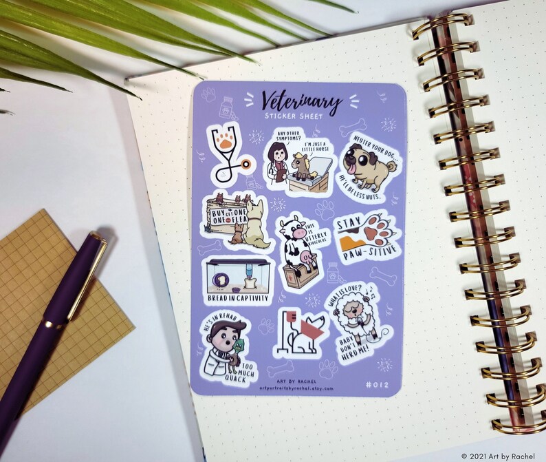 May include: A sticker sheet with a purple background featuring a variety of veterinary-themed illustrations. The stickers include a stethoscope, a veterinarian, a dog, a cow, a sheep, and a variety of text-based stickers. The text on the stickers includes "Buy One Get One Free", "Bread in Captivity", "Stay Paw-sitive", "What is Love?", and "Baby Don't Herd Me!"