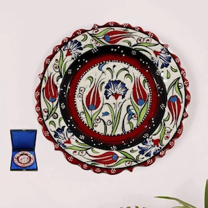 Ceramic Wall Hanging Plate 12 inch | White Red Tulip Handmade Turkish Porcelain Decorative Wall Dishware Moving Housewarming Gift