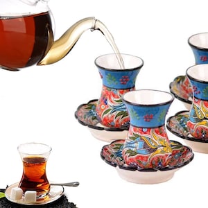 Handgemaakte Turkse theeset van 6 keramische unieke handgemaakte zwarte theemokset Voedselveilige loodvrije decoratieve theeglazen Beste keukencadeau