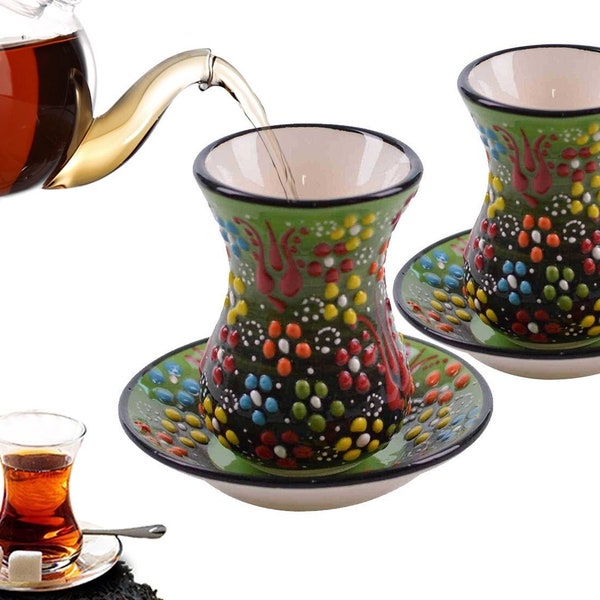 8 Pieces Green Turkish Ceramic Tea Cup Saucer Set Handcrafted Unique Colorful Beatiful Tea Mug Glass Set Best Gift Tea Lover Party Favors