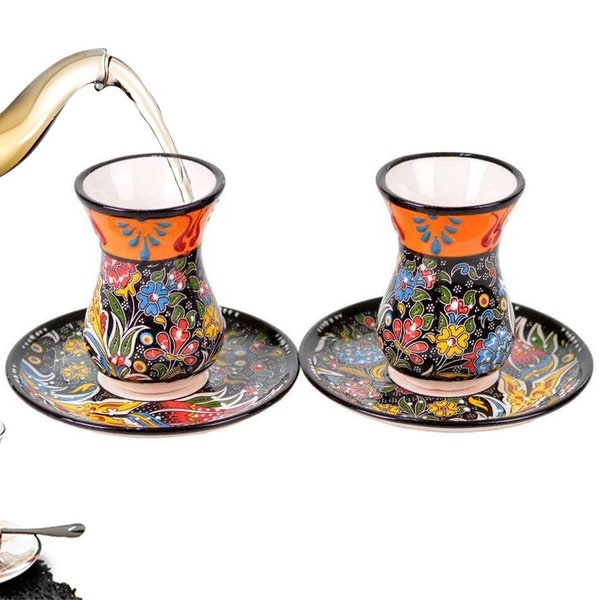 Handmade Tea Mugs Saucers Set of 4 Black Turkish Arabic Persian Ceramic Porcelain Tea Cups Unique Decorative Vintage Traditional Gift