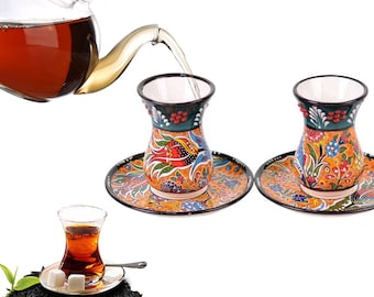 Juego de tazas de té de cerámica turca artesanales / Vaso de té con flores étnicas