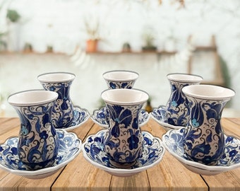 Turkish Tea Set 6 Tea Cups and 6 Saucers | Handmade Ceramic Persian Arabic Set Coffee Herbal Tea Mugs Decorative Gift for Tea Party Lover