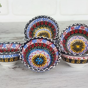 6x Small Ceramic Serving Bowls Set Handmade Moroccan Turkish Pottery Pinch Sauce Prep Breakfast Bowls Set Unique Handpainted Dishes