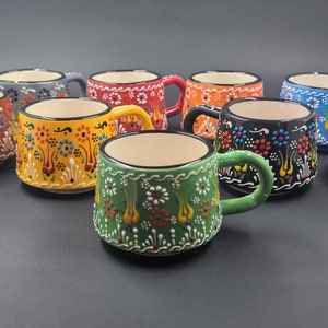 May include: Set of ten small ceramic coffee cups with colourful floral designs. The cups are hand-painted with intricate details and feature a variety of colours, including red, orange, yellow, green, blue, and black.