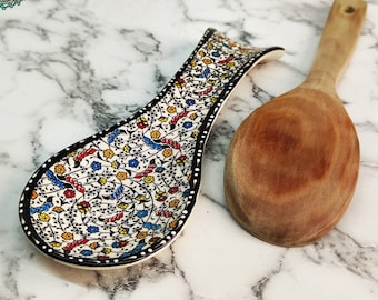 Spoon Rest Holder Kitchen Serving Utensil Holder | Turkish Handmade Ceramic Italian Pottery | Ceramic Decor Gift for Chef Housewarming