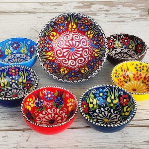 7x Bowls Set Large Small | Handmade Turkish Ceramic  Pottery Dinnerware Breakfast Fruit Tapas Sauce Serving Bowls | Decorative Ceramic Gift