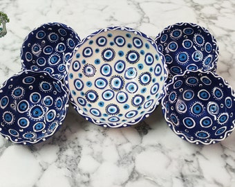 Ceramic Medium Bowls Set of 7 | Handmade Evil Eye Blessing Pottery for Fruit Rice Soup or any Eat | New Home Kitchen Gift
