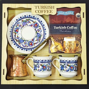 Handmade Turkish Coffee Set | Copper Cezve - Pot Ceramic Cups & Saucers and Coffee