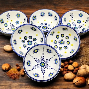 Ensemble de bols Evil Eye faits main | Conception en céramique turque grecque | Petit plat à collation | Décoration bohème rustique | Cadeau unique Poterie bleue et blanche