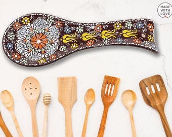 Spoon Rest Holder Ceramic Kitchen Serving Utensil Holder | Handmade Turkish Italian Pottery Dish | Ceramic Decor Gift for Chef Friends