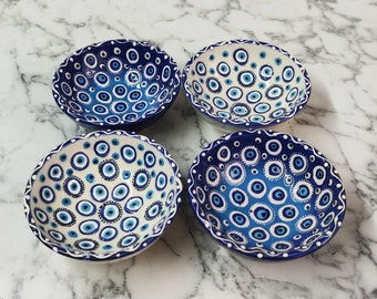 Handmade Ceramic Blessing Bowls | Turkish Evil Eye Pottery Set Dinnerware Breakfast Soup Salad Cornflakes Bowls Mixing Embossed Dishes