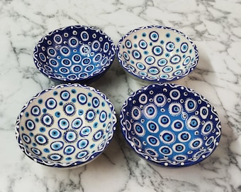 Handmade Ceramic Evil Eye Bowls | Turkish Pottery Set (4.8"/12cm)