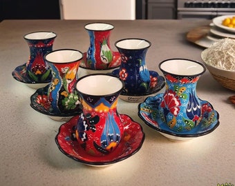 Turkish Tea Set 6 Tea Cups & 6 Saucers | Handmade Ceramic Mug Set Coffee Herbal Tea Pottery Dishes | Decorative Gift for Tea Party Lover