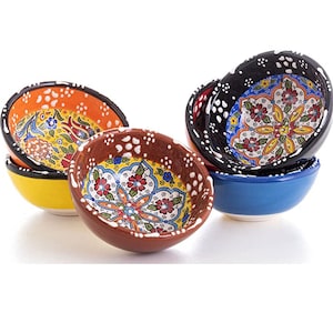 Set of 6 Handmade Turkish Bowls | Small Ceramic Serving Pottery for Prep Tapas Nuts Snack Breakfast Dishes Decorative Handpainted Gift
