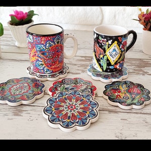 4x Ceramic Coaster Set | Tile Drink Coaster Handmade Blank Mod Podge Engraved Round Turkish Pottery Coaster | Gift For Wedding Favor