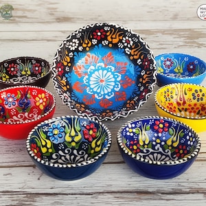 7X Handmade Ceramic Bowls Set | Turkish Floral Pottery Tapas & Snack Bowls
