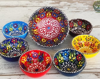 7x Bowls Set Large Small | Handmade Turkish Ceramic  Pottery Dinnerware Breakfast Fruit Tapas Sauce Serving Bowls | Decorative Ceramic Gift