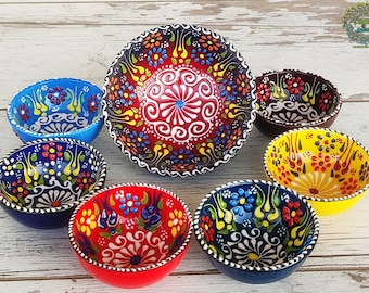 Juego de cuencos de cerámica turca hechos a mano / Cuencos para servir tapas con diseño floral