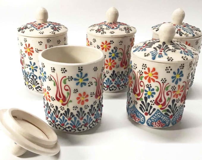 Handmade Ceramic Spice Jar Set | Turkish Kitchen Decor - Food Safe (Set of 6)