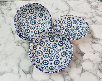 Handmade Evil Eye Ceramic Bowls Set of 4 | Unique Pottery for Rice, Soup Salad Snack Serving Pottery Food Safe Unique Pretty Bowls Gift